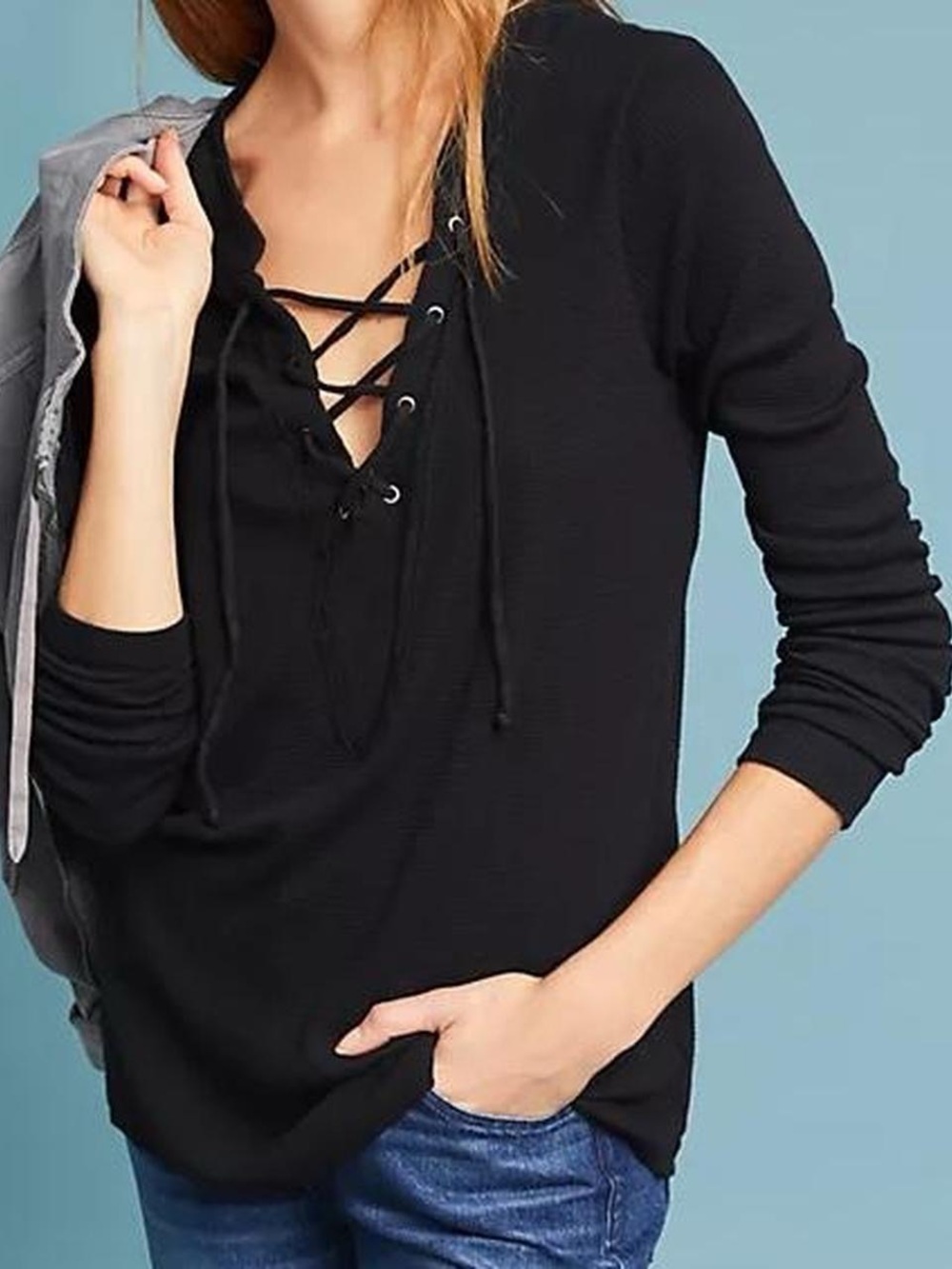 Michael Stars Black Lace-Up Long Sleeve Tee